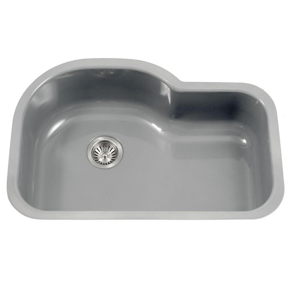 Houzer Porcela Series Undermount Porcelain Enamel Steel 31 In Offset Single Bowl Kitchen Sink In Slate