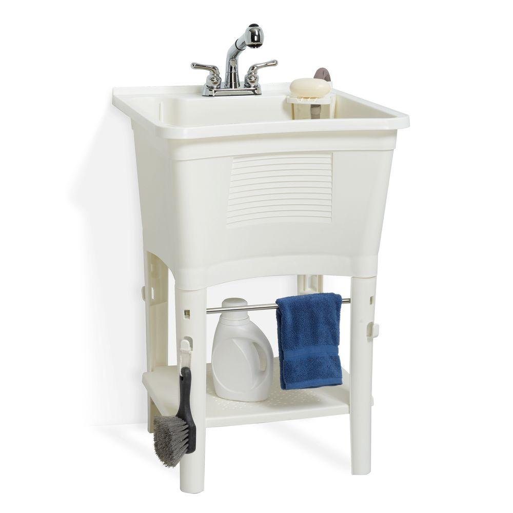 Glacier Bay All In One 24 In X 24 In 20 Gal Freestanding Laundry Tub In White With Non Metallic Pull Out Faucet In Chrome Lt2007wwhd The Home Depot