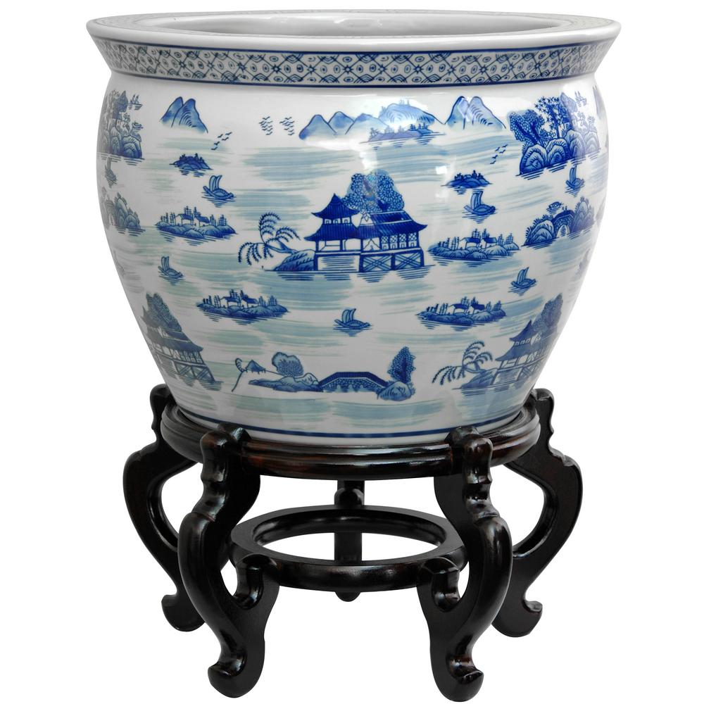 Oriental Furniture 16 In Landscape Blue And White Porcelain Landscape Blue And White Porcelain Fishbowl