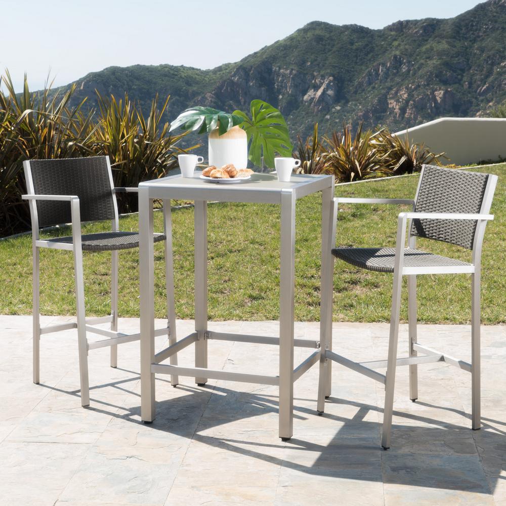 Noble House Cape Coral Silver 3 Piece Aluminum Square Outdoor Bar 