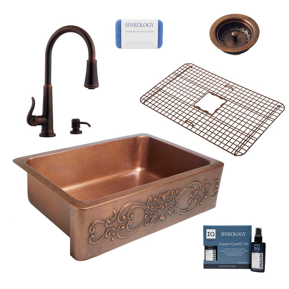 Ganku All In One Farmhouse Apron Front Copper 33 In Single Bowl Kitchen Sink With Pfister Bronze Faucet And Strainer