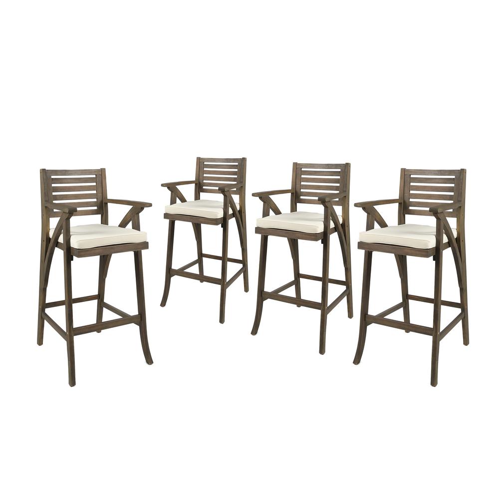 Noble House Hermosa Wood Outdoor Bar Stool With Cream Cushion 4