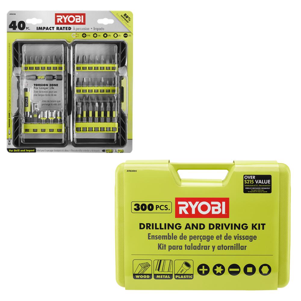 RYOBI Impact Rated Driving Kit (40Piece) and MultiMaterial Drill and Drive Kit (300Piece