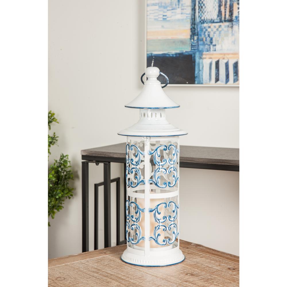 Blue Outdoor Lanterns Torches The Home Depot White And Blue Scrollwork Design Candle Lantern