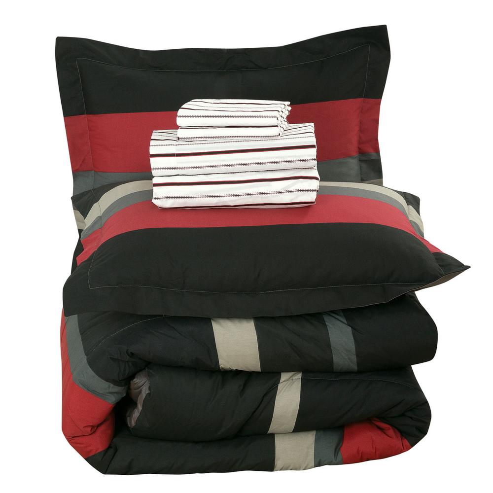 Royale Linens Rugby Stripe 7 Piece Red Full Size Bed In A Bag With Reversible Comforter 9242 041 0641 The Home Depot