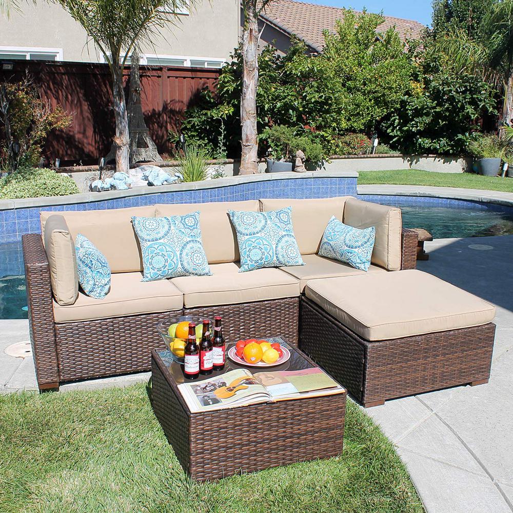 Freestyle Patiorama 5 Piece Wicker Outdoor Sectional Set With Beige Cushions Pa 02 06 The Home Depot