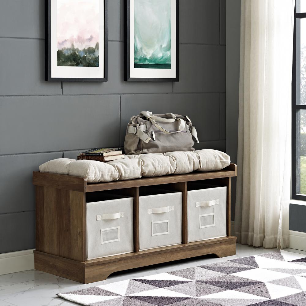 Walker Edison Furniture Company 42 In Rustic Oak Wood Storage Bench Rustic Oak Wood Storage Bench With Totes And Cushion