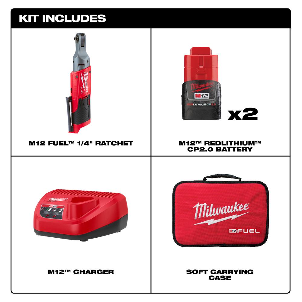 Milwaukee 2556-22 M12 Fuel 12V Li-Ion Cordless 1//4/" Ratchet 2 Battery Kit New
