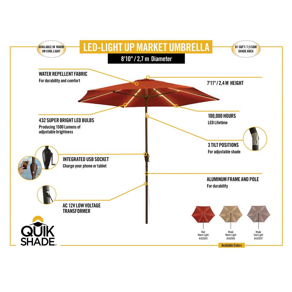 Unbranded 9 Ft W X 9 Ft D X 8 Ft H Aluminum Tilting Patio Umbrella With Cool Led Lights In Striped Khaki Base Not Included 162937ds The Home Depot