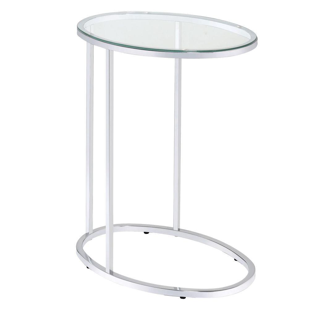 Benjara Stylish Silver Oval Shaped Metal Snack Table With Gl Silver Oval Shaped Metal Snack Table
