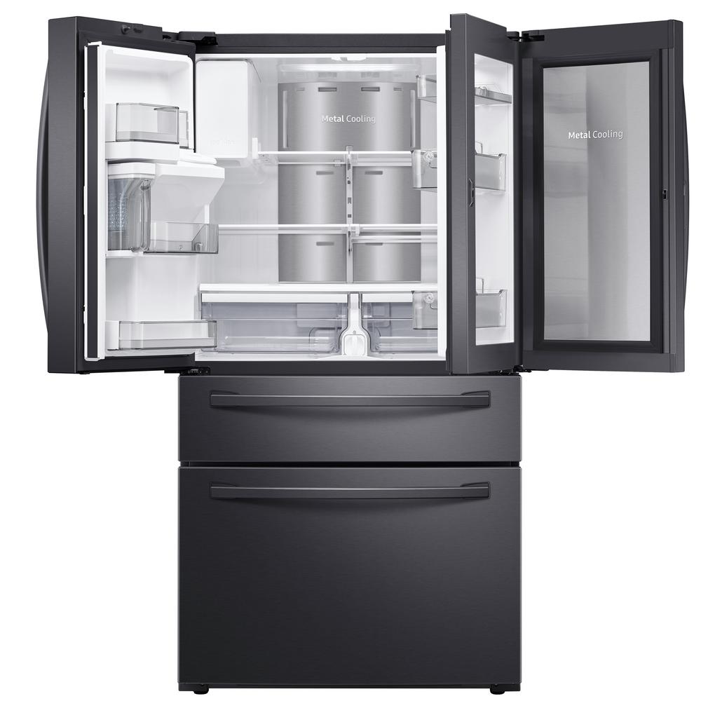 Samsung 22 4 Cu Ft Food Showcase 4 Door French Door Refrigerator In Fingerprint Resistant Black Stainless Counter Depth Rf22r7351sg The Home Depot