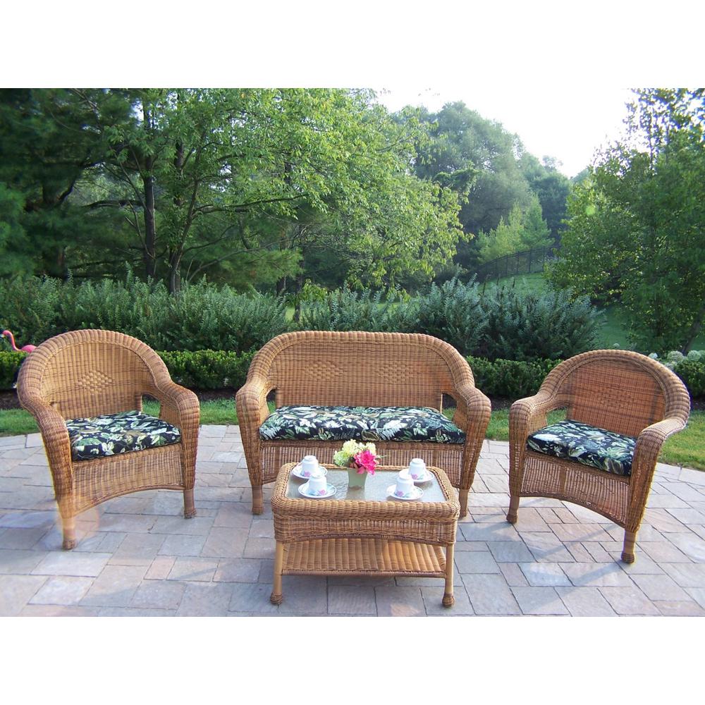 Natural 4 Piece Wicker Patio Conversation Set With Black Fl Natural 4 Piece Wicker Patio Conversation Set With Black Fl Cushions