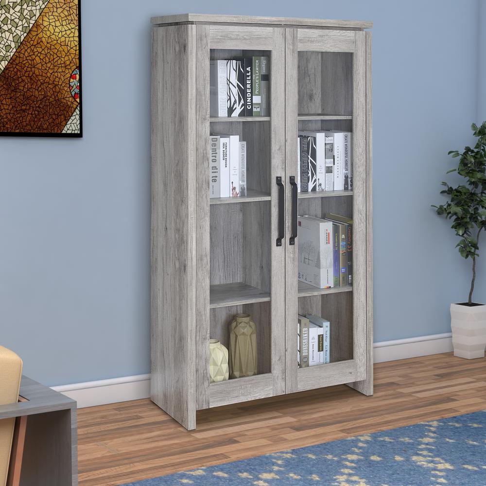 Benjara Spacious Gray Wooden Cabinet With 2 Glass Doors Bm160268