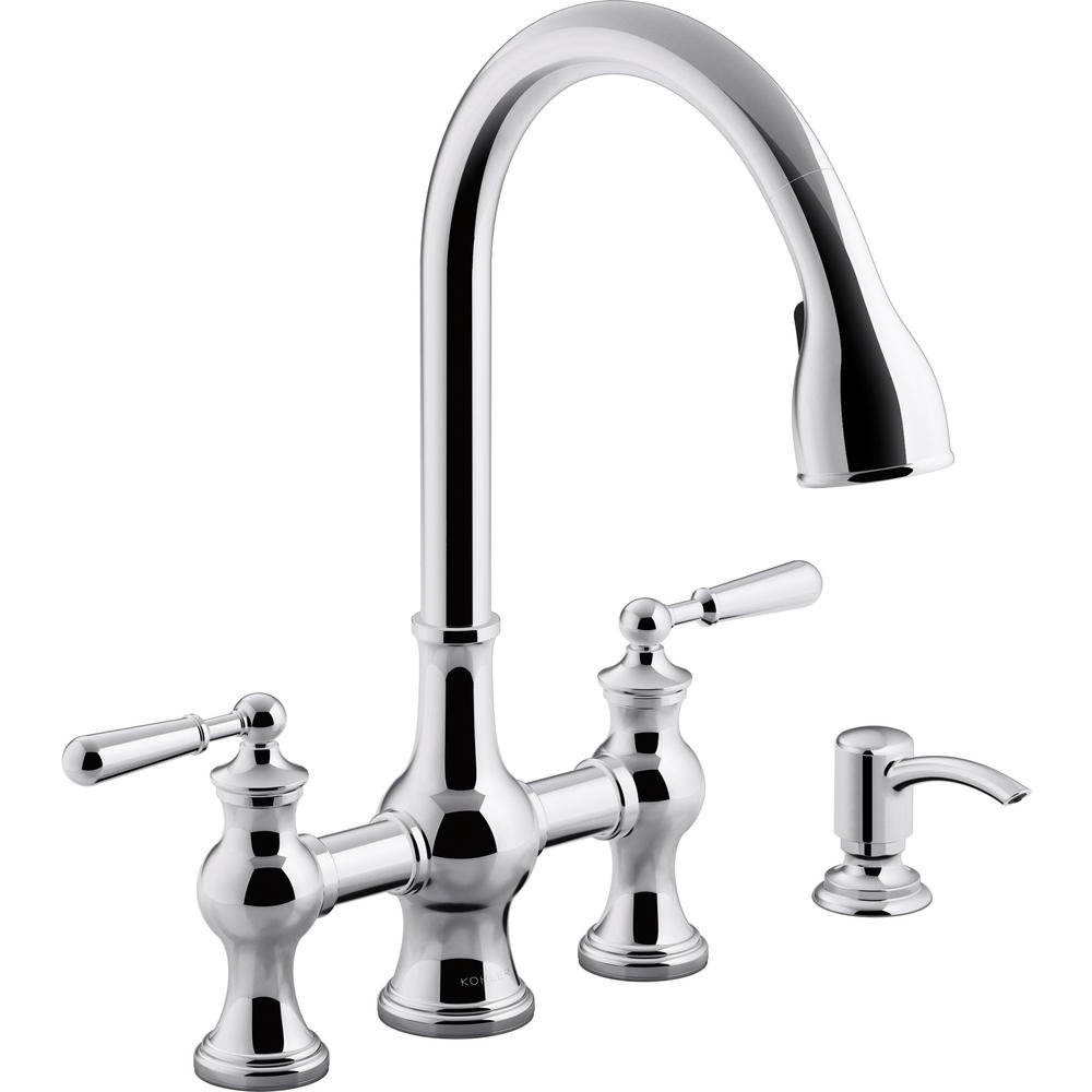 KOHLER Capilano 2-Handle Bridge Farmhouse Pull-Down Kitchen Faucet with