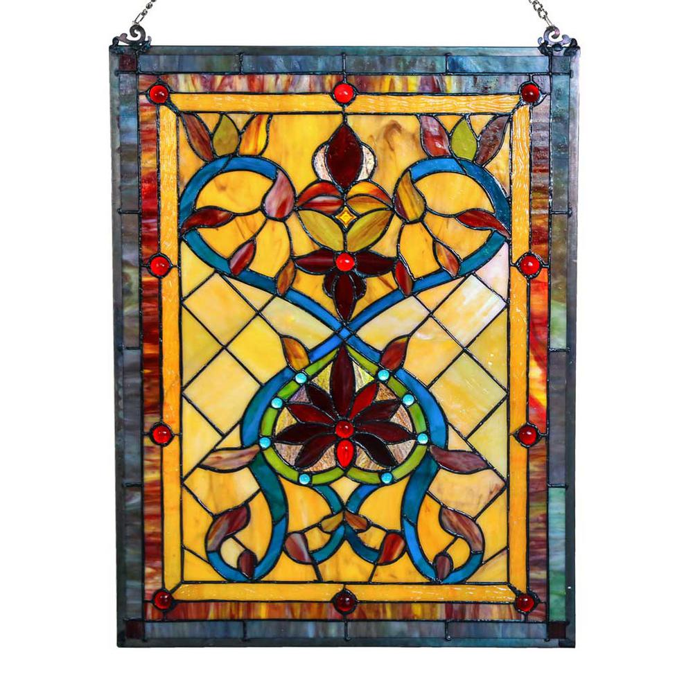 34/"L x 18/"H Half Round Handcrafted stained glass window Jeweled Glass panel