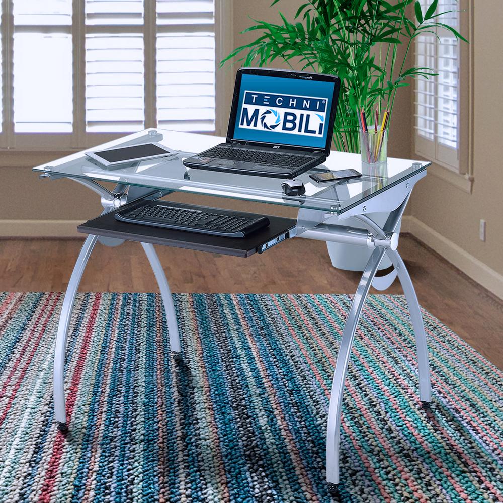 Techni Mobili Contempo Clear Glass Top Computer Desk With Pull Out