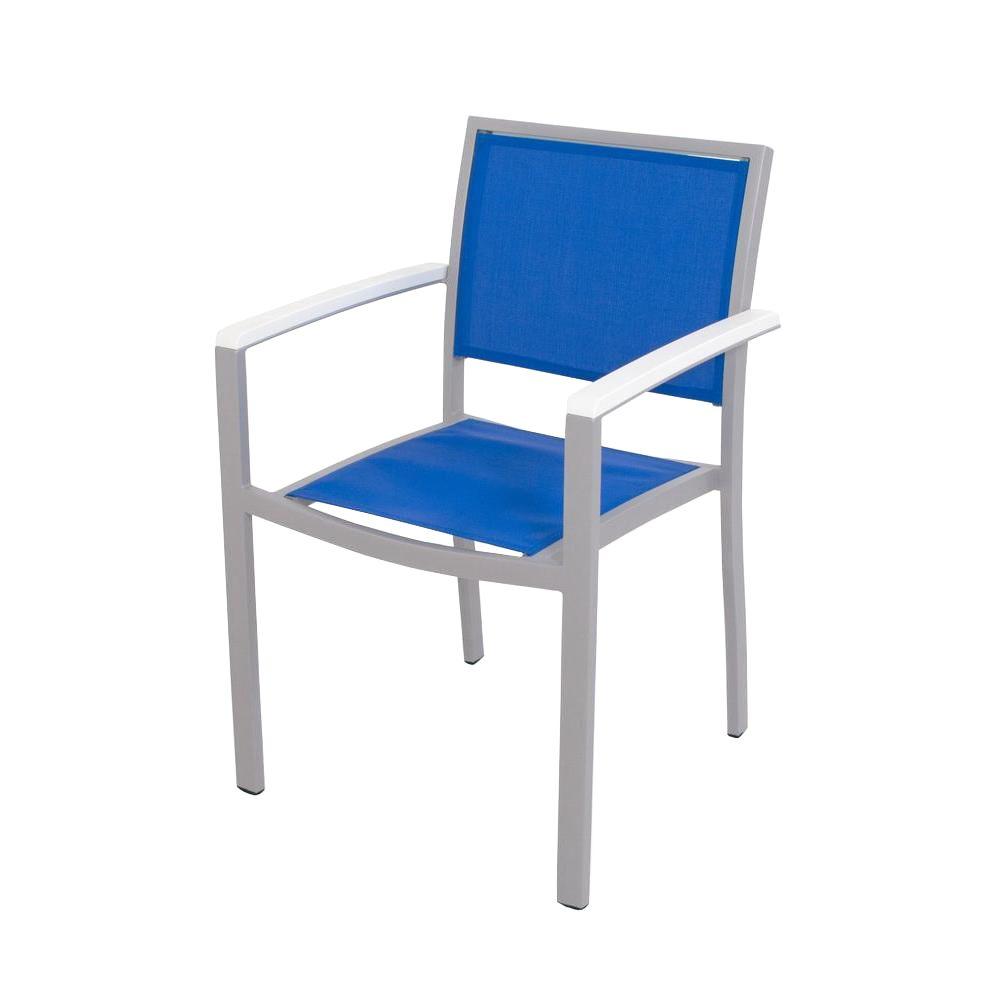 POLYWOOD Bayline Textured Silver/White/Royal Blue Sling Patio Dining Arm ChairA29011MWH905
