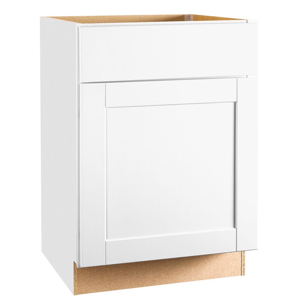 Hampton Bay Shaker Assembled 24x34.5x24 in. Base Kitchen Cabinet with Ball-Bearing Drawer Glides in Satin White