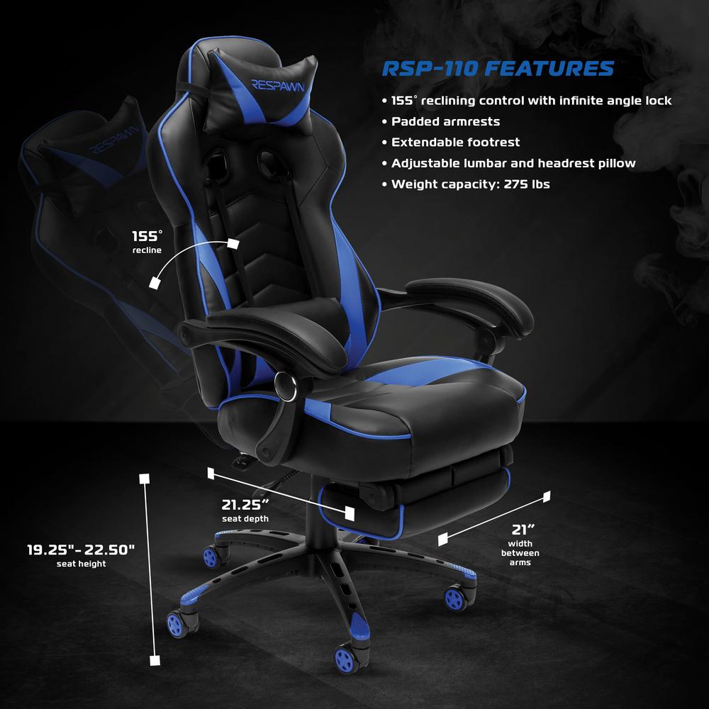 Respawn 110 Racing Style Gaming Chair Reclining Ergonomic Leather Chair With Footrest In Blue Rsp 110 Blu Rsp 110 Blu The Home Depot