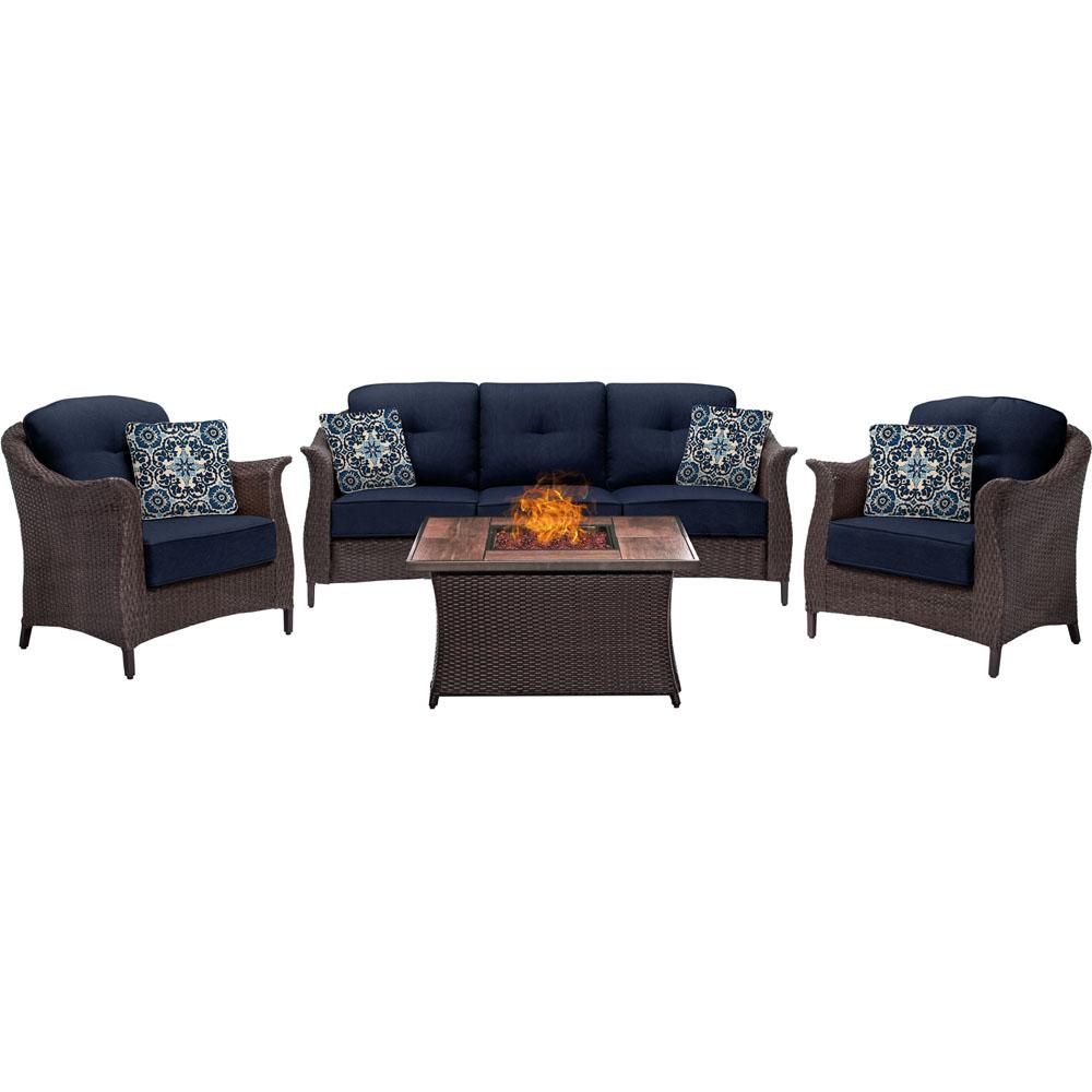 Hanover Gramercy 4 Piece Wicker Patio Fire Pit Conversation Set With Hanover Gramercy 4 Piece Wicker Patio Fire Pit Conversation Set With Navy Blue Cushions