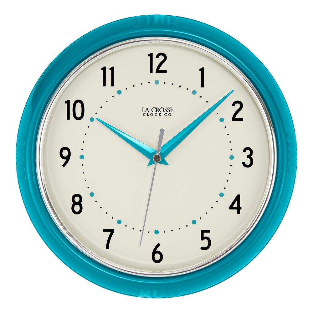 9.5" Teal Analog Round Large Indoor Wall Clock Retro Plastic Frame