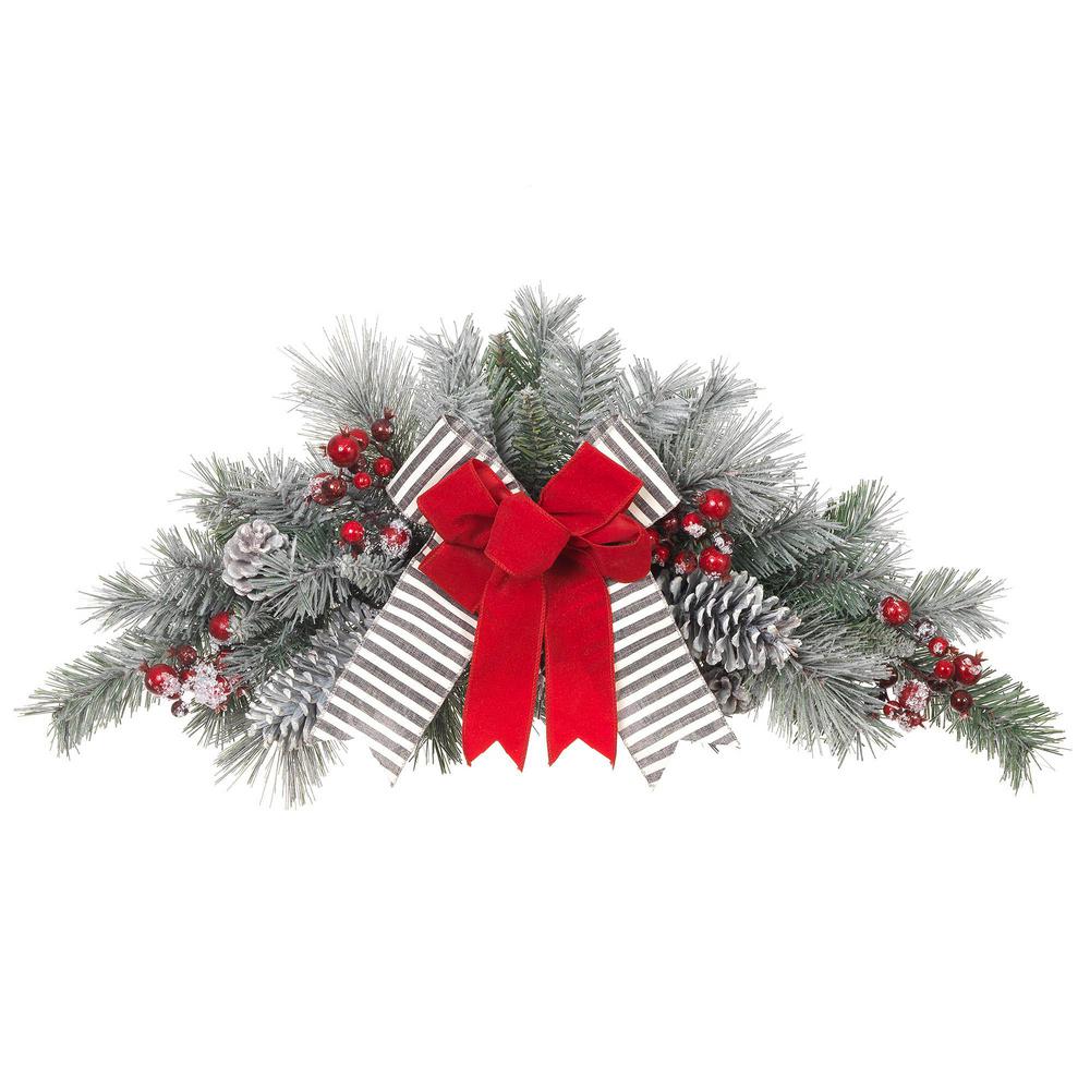 32 in unlit snowy pine swag with gray striped and red velvet bows - How To Decorate A Christmas Tree With Ribbon Horizontally 32 in unlit snowy pine swag with gray striped and red velvet bows - How To Decorate A Christmas Tree With Ribbon Horizontally