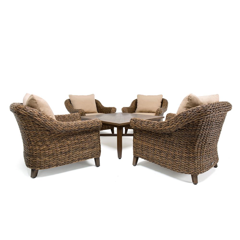Blue Oak Bahamas Wicker 5 Piece Outdoor Seating Set With Sunbrella Canvas Heather Beige Cushion