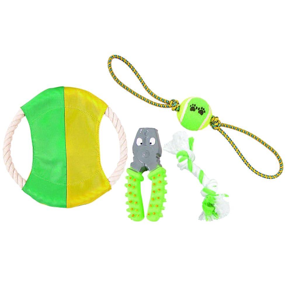 PET LIFE Rope/Rubber/Jute Rope and Tennis Squeak Pet Dog Toy Set in