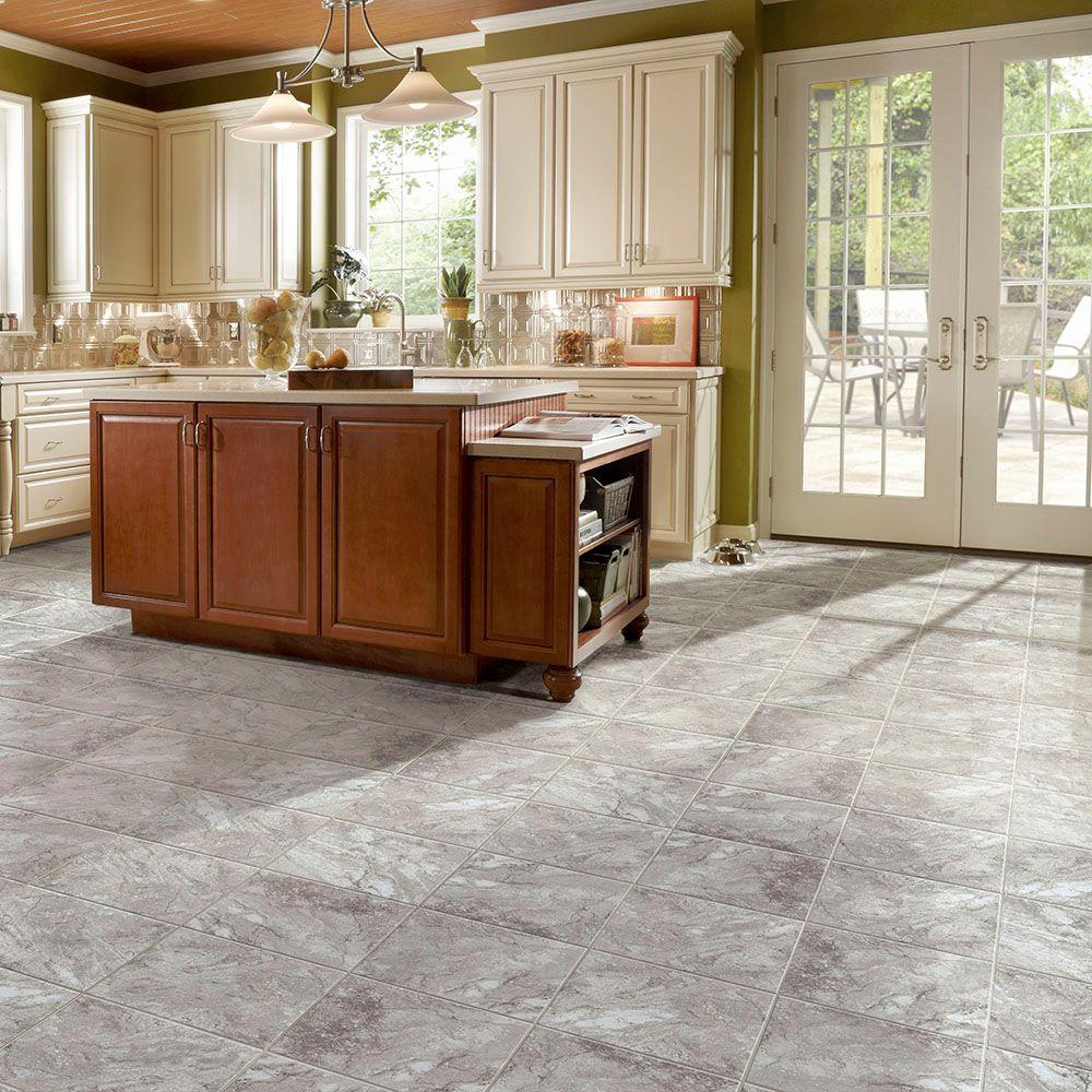 Trafficmaster Groutable 18 In X 18 In White And Grey Travertine