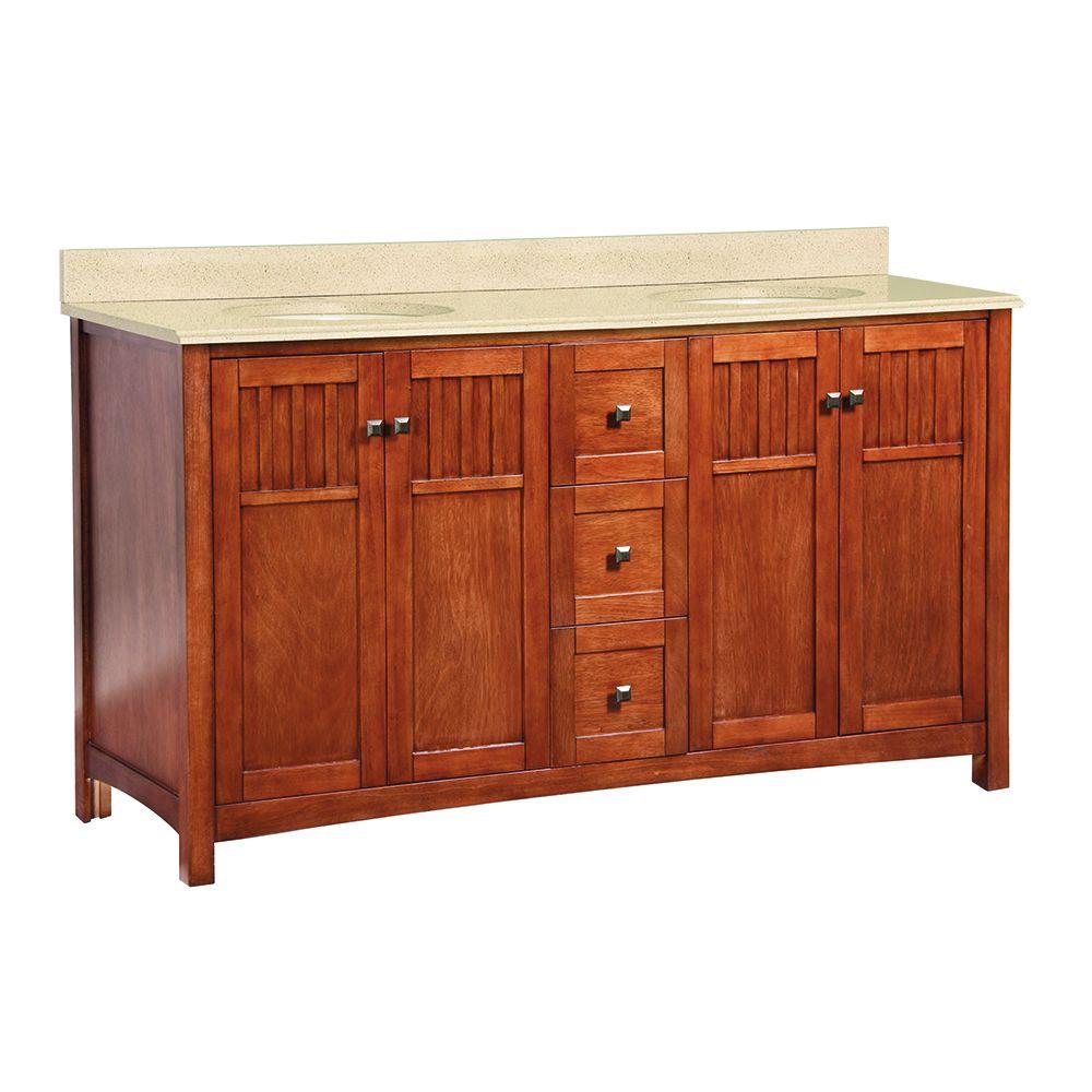 Home Decorators Collection Knoxville 61 in. W x 22 in. D Vanity in Nutmeg with Double Bowl Colorpoint Vanity Top in Maui was $1649.0 now $1154.3 (30.0% off)