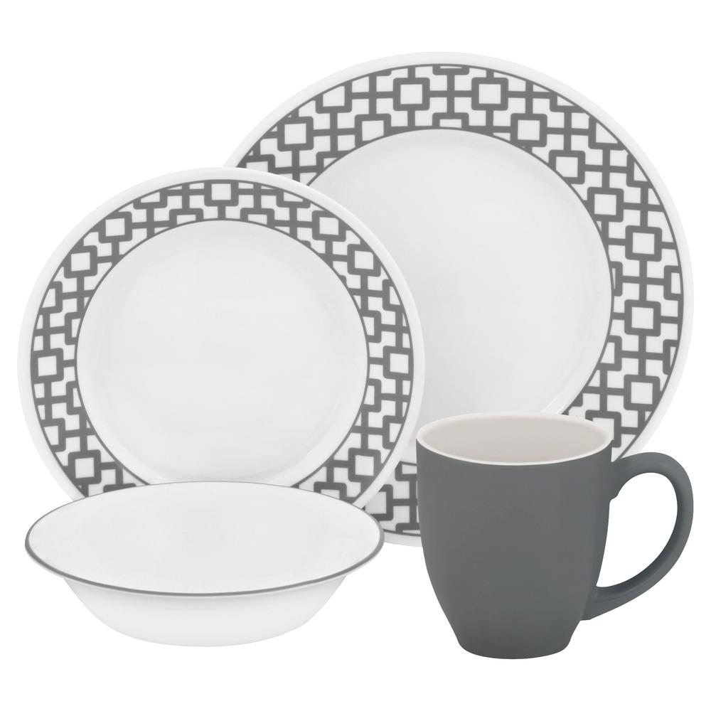 Corelle Impressions 16-Piece Gray and White Lattice Pattern Urban Grid ...