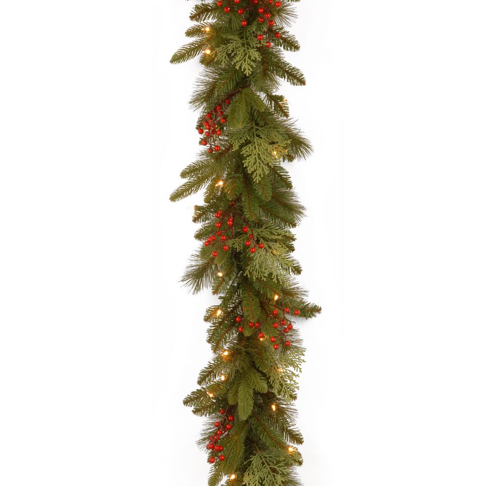 National Tree Company 9' x 12" Feel Real(R)Classical Collection Garland with Red Berries, Cedar Leaves & 100 Clear Lights