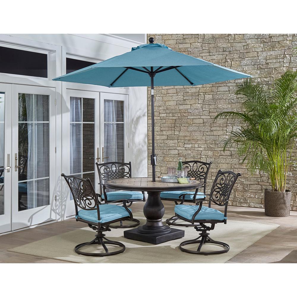 Envelor Hanover Patio Monaco Bronze 5 Piece Aluminum Outdoor Dining Hanover Patio Monaco Bronze 5 Piece Aluminum Outdoor Dining Set With Blue Cushions And Umbrella