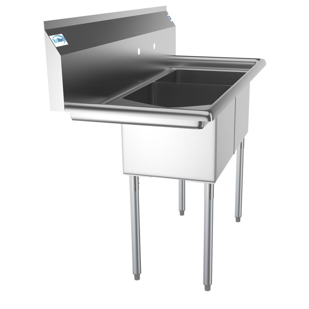 Koolmore Freestanding Stainless Steel 48 in. 2-Hole Double Bowl Commercial Double Stainless Steel Sink With Drainboard