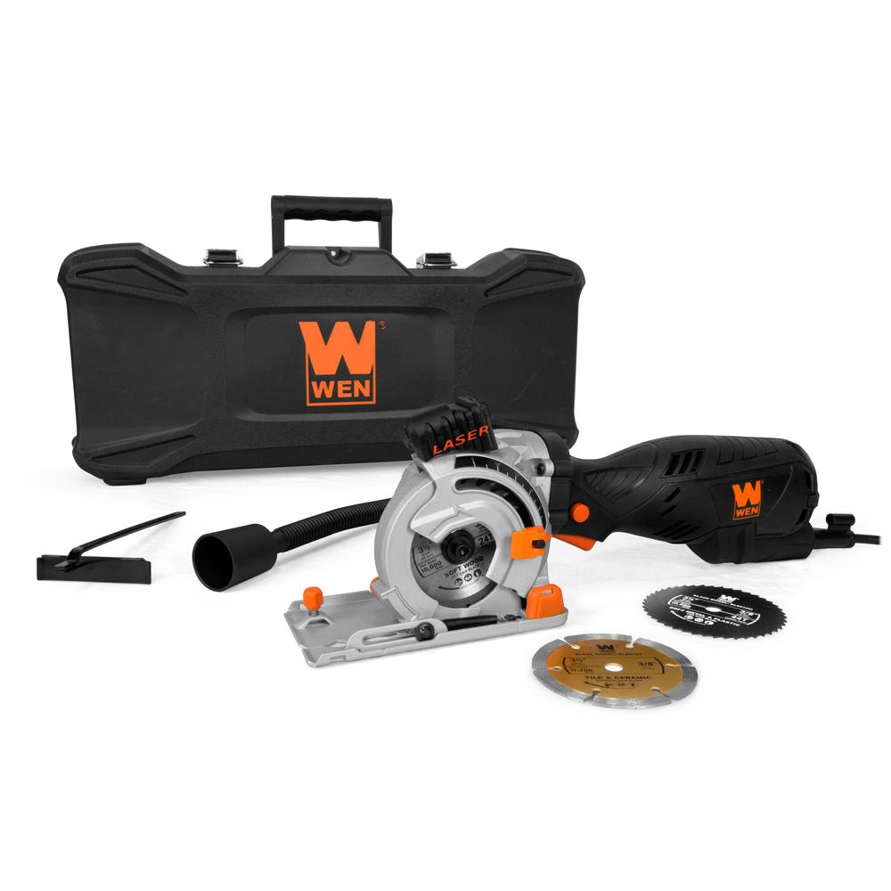 Wen 5 Amp 3 1 2 In Plunge Cut Compact Circular Saw With Laser Carrying Case And 3 Blades 3620 The Home Depot