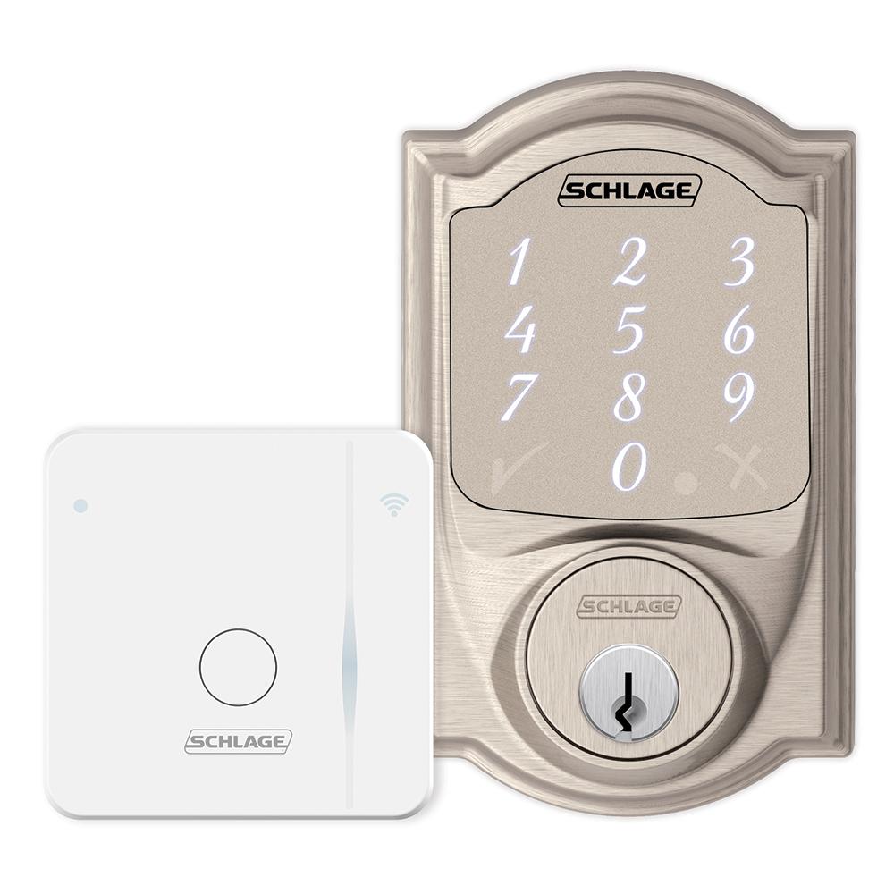 Schlage Sense Satin Nickel Camelot Trim Smart Deadbolt and Wifi