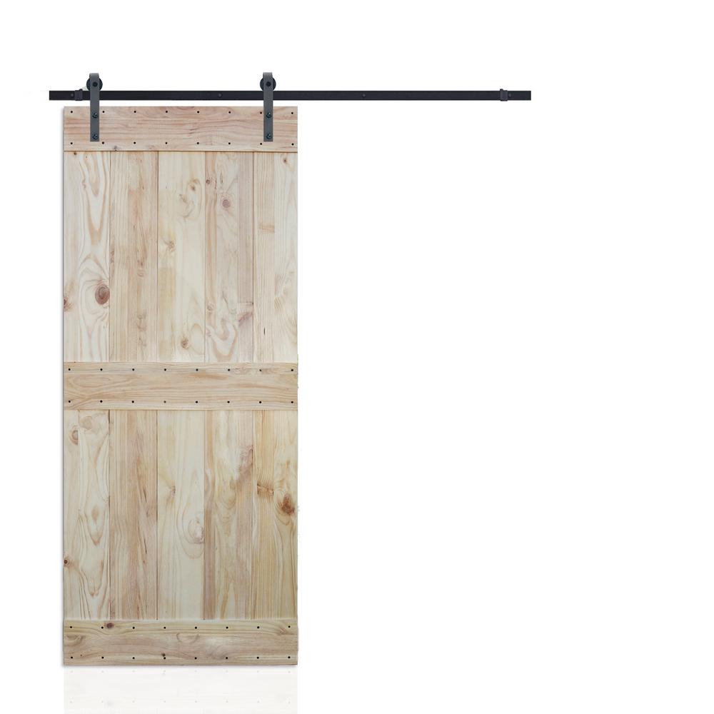 Calhome 36 In X 84 In 2 Side Mid Bar Wood Color Pine Slab Interior Sliding Barn Door With 6 Ft Hardware Kit