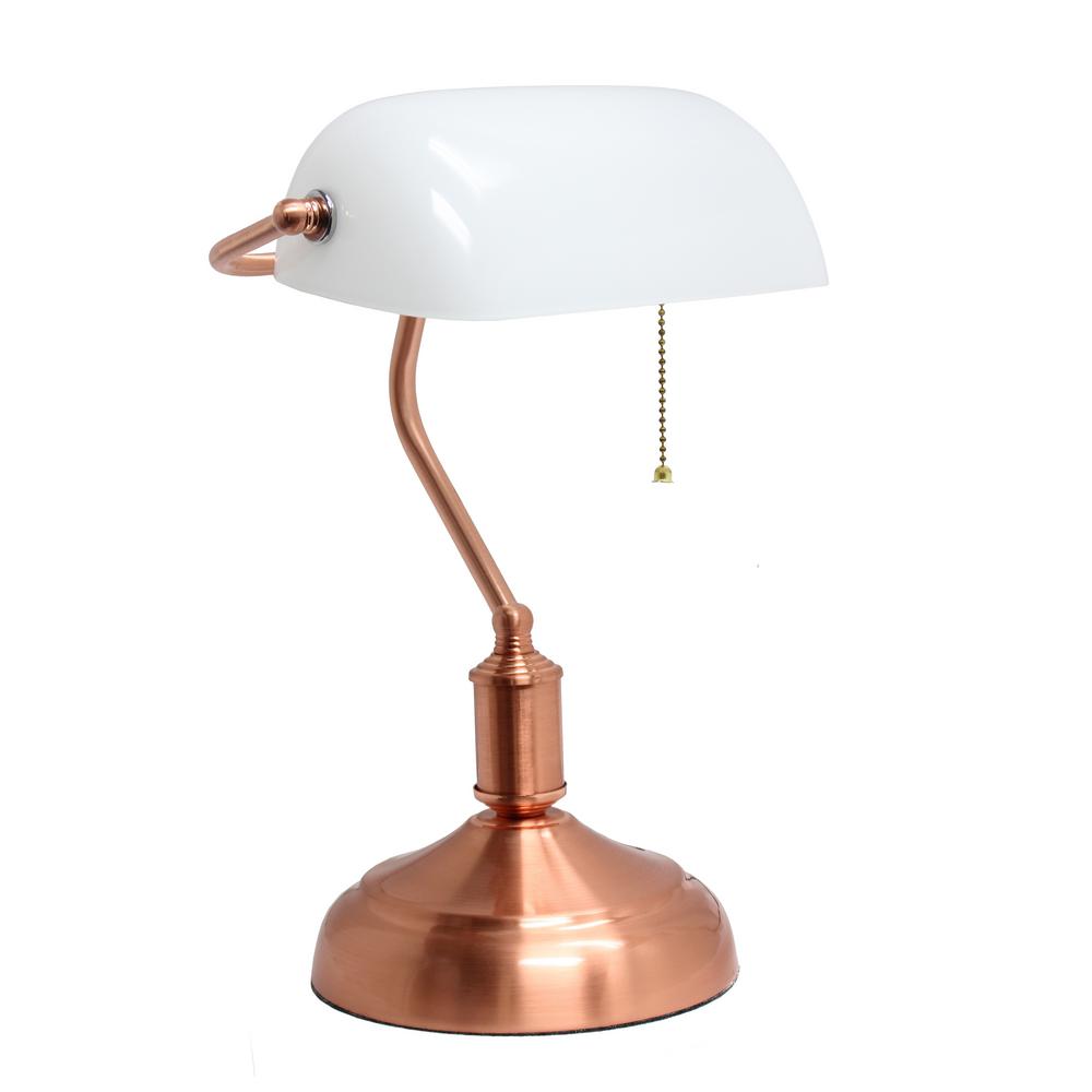 Simple Designs 14.75 in. Rose Gold Banker's Lamp with Glass Shade