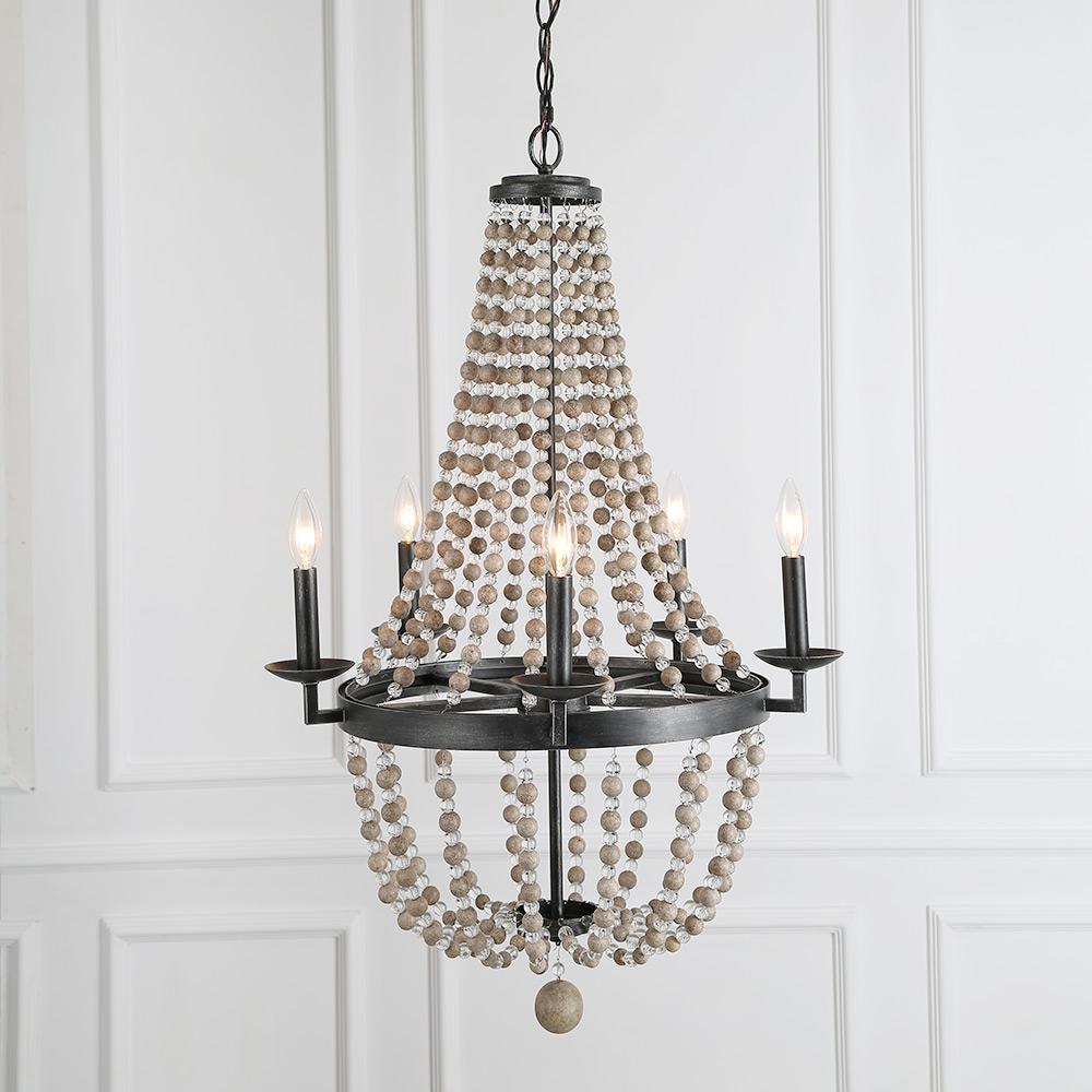 Lnc 5 Light Black 22 In Wood Bead Empire Boho Chandelier A03404