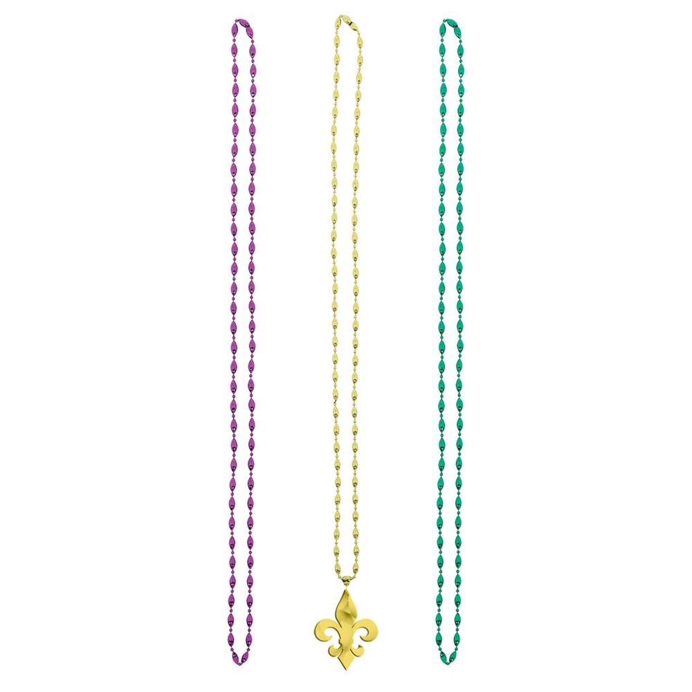 Amscan Green, Purple and Gold Plastic Fleur de Lis Mardi Gras Bead ...