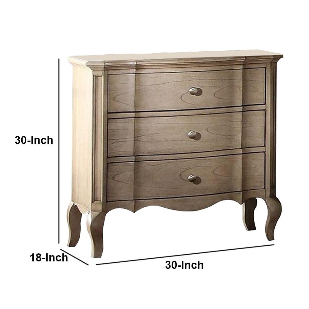 Benzara Three Drawer Antique Taupe Nightstand With Scalloped
