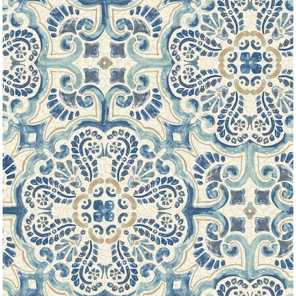 A-Street Florentine Blue Tile Wallpaper Sample-2540 ...