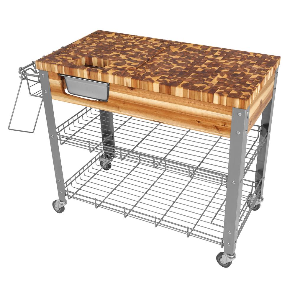 Kitchen Cart Storage with Stainless Steel Shelf and Wood Cutting Board