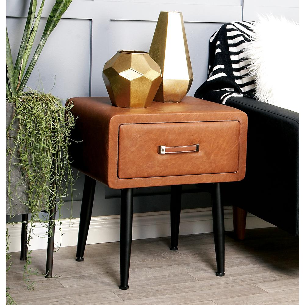 Litton Lane Brown Faux Leather Storage Side Table With Black Iron Litton Lane Brown Faux Leather Storage Side Table With Black Iron Legs