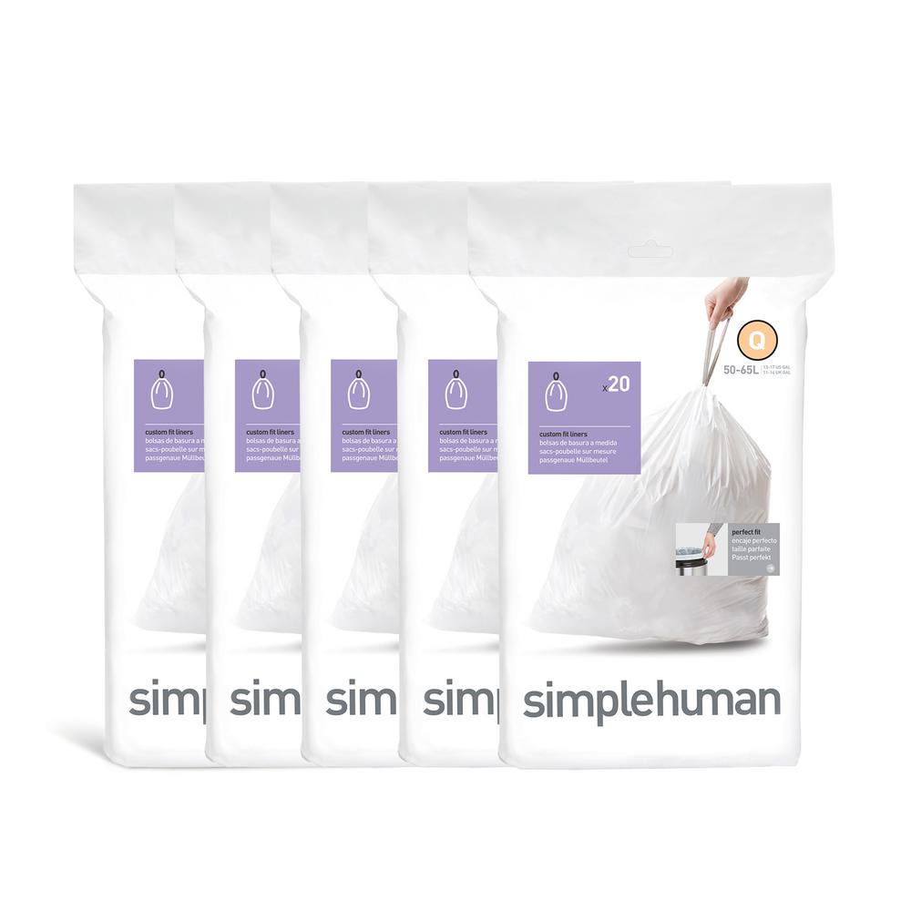 simplehuman 50-65L Code Q Custom Fit Kitchen Trash Bag Liners 5 Quick Dispense Packs - 100ct