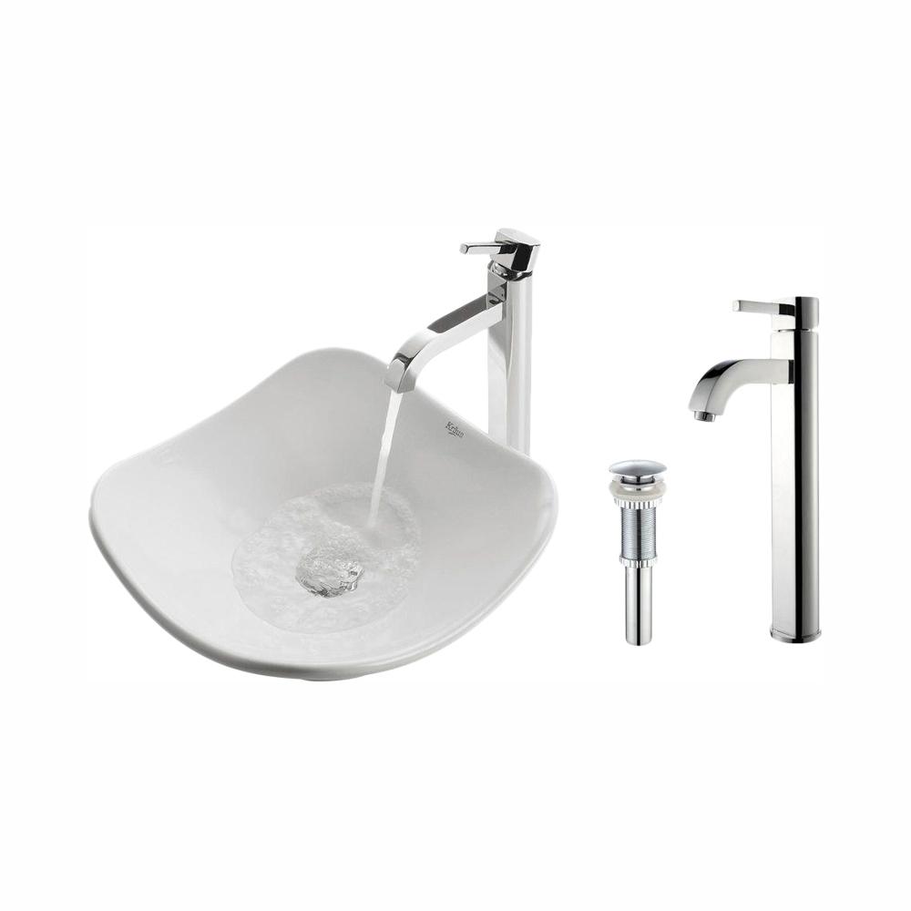Kraus Tulip Ceramic Vessel Sink In White With Ramus Faucet In