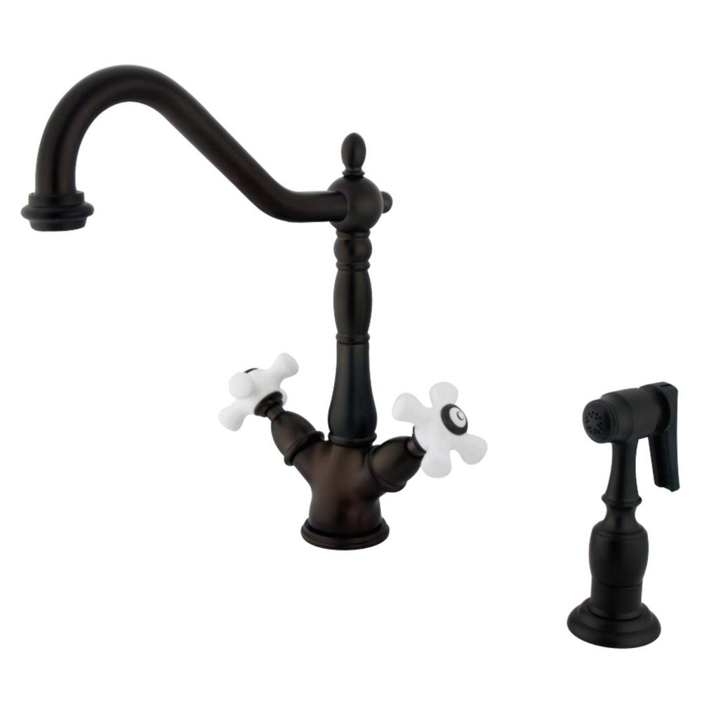 Kingston Brass Heritage 2 Handle Standard Kitchen Faucet With Side Sprayer In Oil Rubbed Bronze 7117