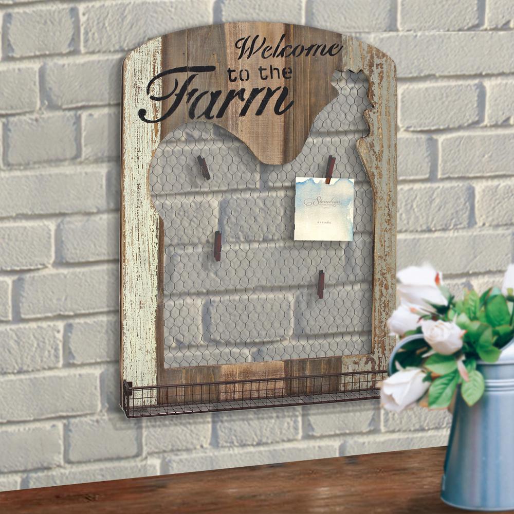 18 In X 24 Brown Wooden Rooster Wall Decor With Metal Tray Mesh Message Board