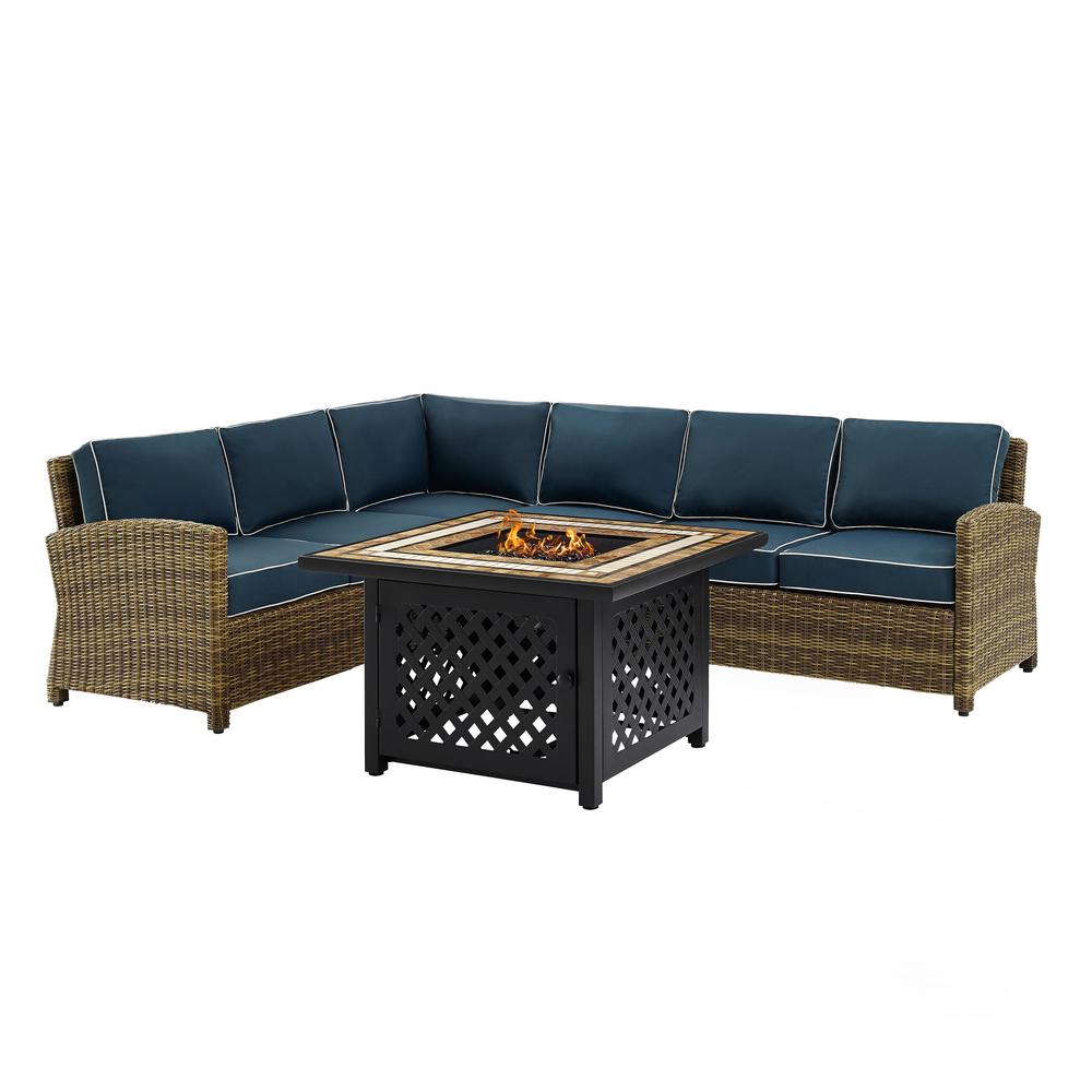 Bradenton 5 Piece Wicker Patio Fire Pit Set With Navy Cushions