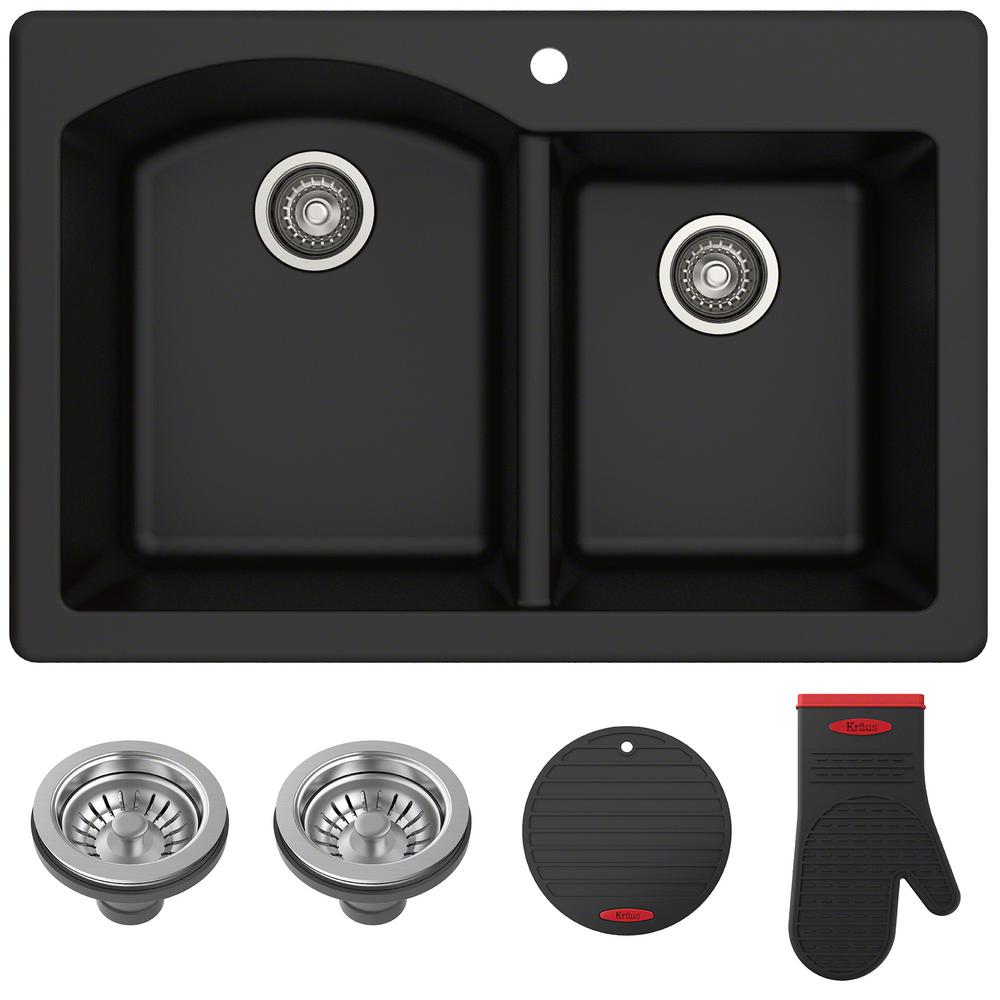 Forteza All In One Drop In Undermount Granite Composite 33 In 1 Hole 60 40 Double Bowl Kitchen Sink In Black